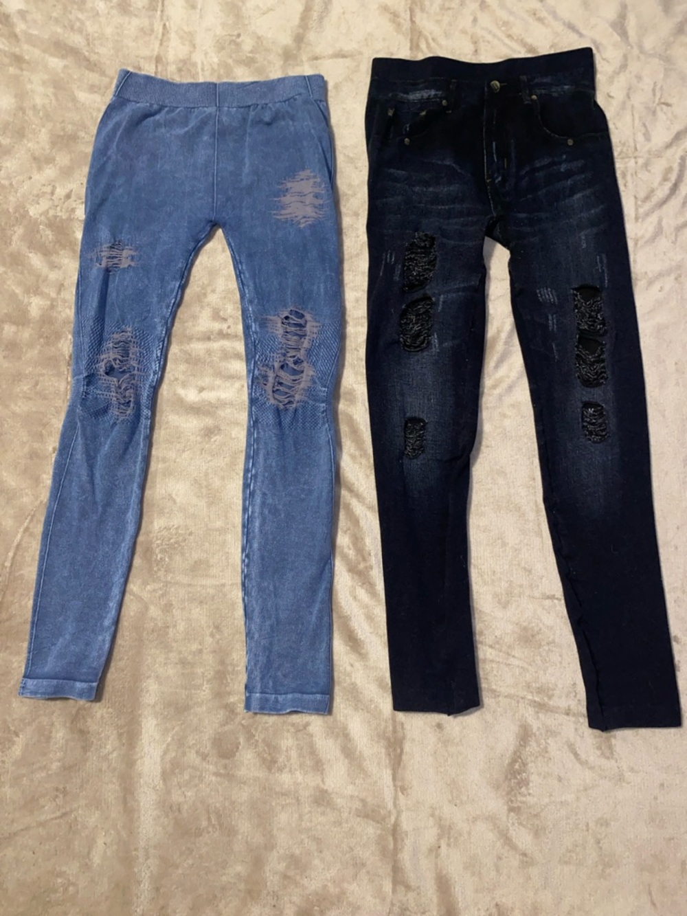 Distressed Skinny Jeggings - Light Blue & Dark Blue